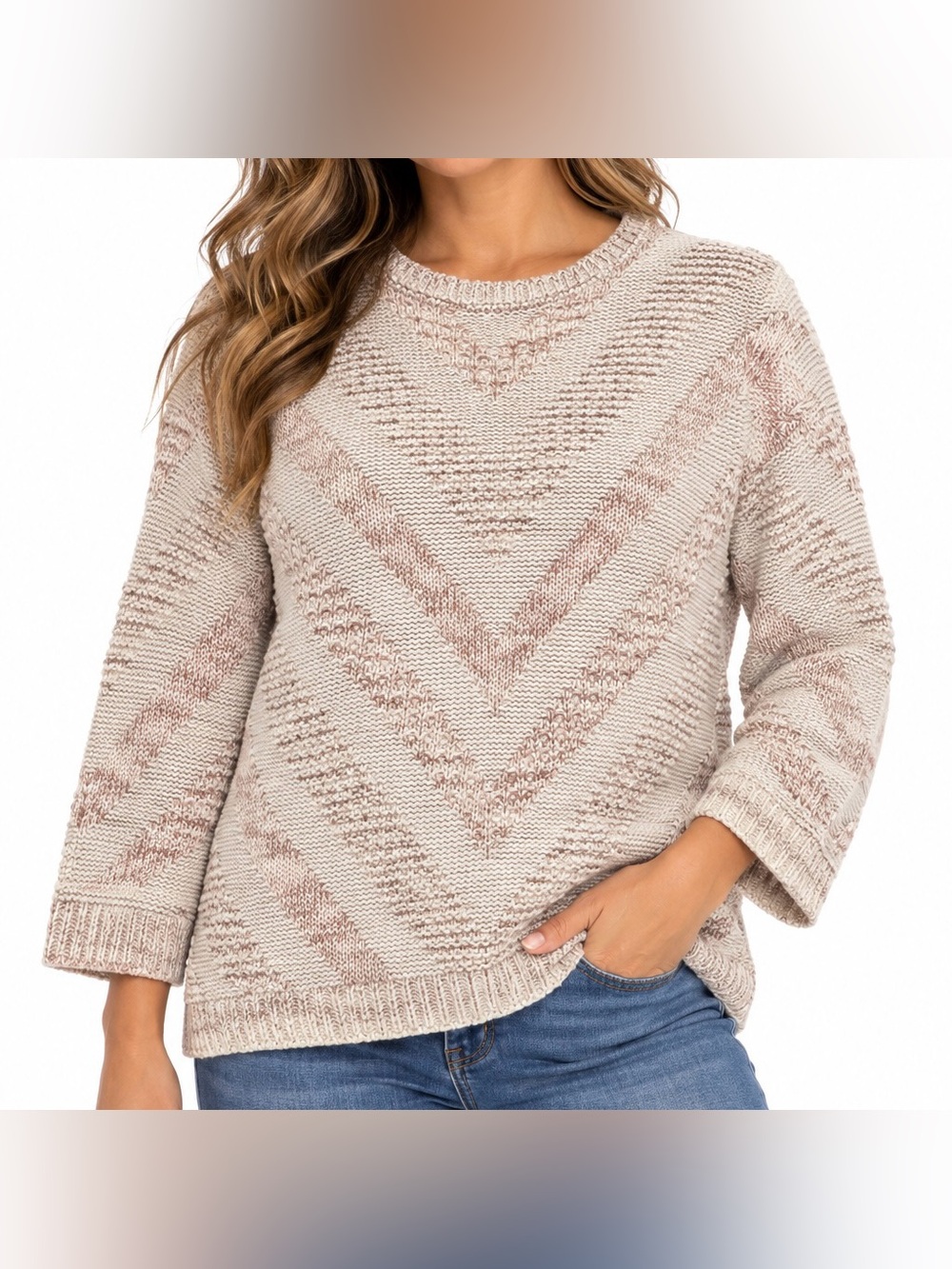 Vintage Karen Scott Textured Knit Sweater Ivory Blush Made USA Estimated Medium